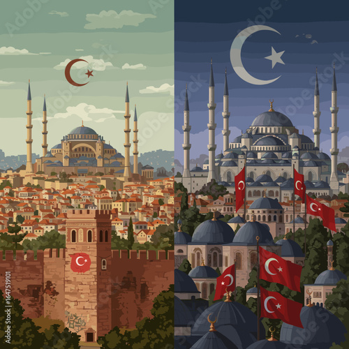 A side-by-side illustration showing two iconic Turkish mosques during different times of the day, one at dusk and one under bright daylight, with Turkish flags decorating the scene.