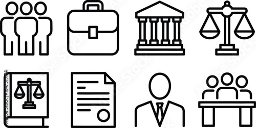 Law Outline Icon Set Team, Briefcase, Courthouse, Scales, and Meeting Line Art