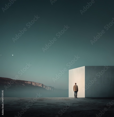 A minimalist and mysterious scene: an empty cube with a person standing on the concrete floor next to it