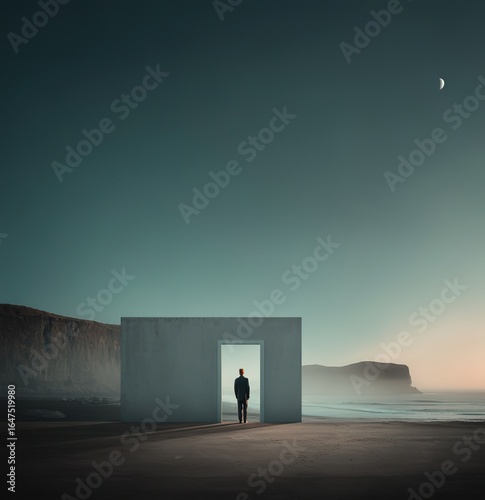 A minimalist and mysterious scene: an empty cube with a person standing on the concrete floor next to it