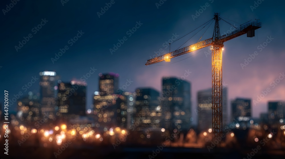 Fototapeta premium Towering crane dominates the cityscape at night