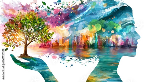 SYLWETKA KOBIETY TRZYMAJĄCEJ DRZEWO ŻYCIA W KOLOROWEJ AURZE