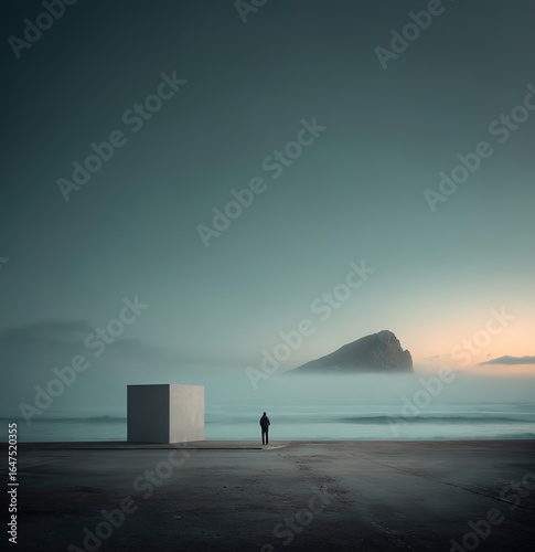 A minimalist and mysterious scene: an empty cube with a person standing on the concrete floor next to it