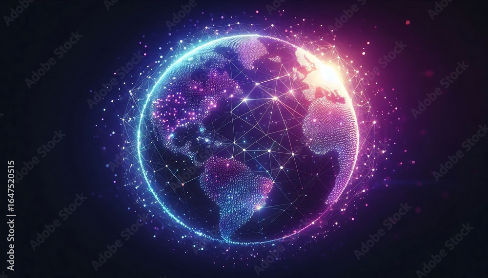 Fototapeta premium Global Network Connectivity Represented by a Dotted Earth with Connecting Lines and a Vibrant Color Palette Depicting Global Communication and Technological Advancement