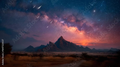 荒野を照らす天の川と流星群 (The Milky Way and Meteor Shower Illuminating the Wilderness)