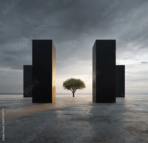 A minimalist composition, empty space, angular walls stretching to the horizon, with a tree in the distance