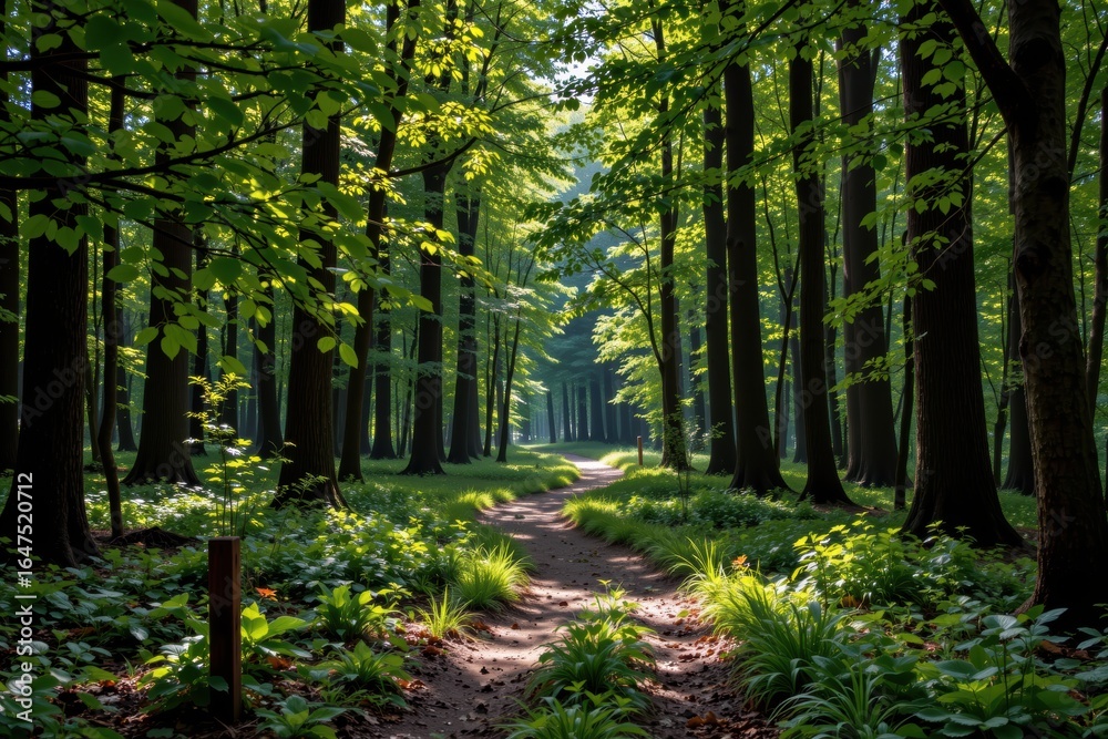 Obraz premium Serene Pathway Through Lush Green Forest with Sunlit Canopy