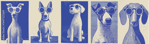 Blue illustration of cool dogs wearing summer sunglasses