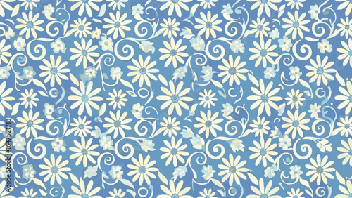 Floral pattern with daisies and swirls in a repeating design on a light blue background image