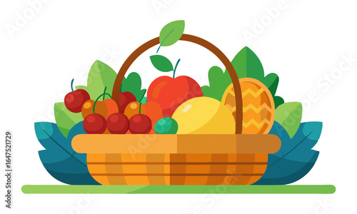 Download Put A Basket Full Of Fruit  Vector Art Illustration . This Icon Concept Isolated Premium Vector. Flat Cartoon Style Svg File For Design.