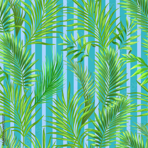 Green tropical palm leaves seamless vector pattern on the black background. Trendy summer print.	
