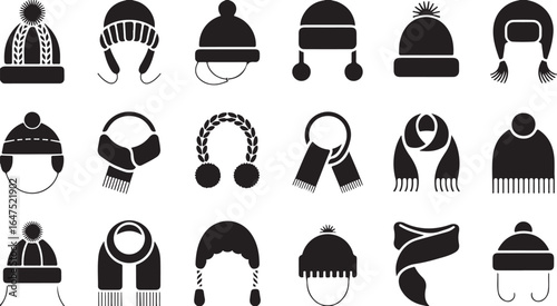Winter Hats, Scarves, and Accessories Icons in Black and White
