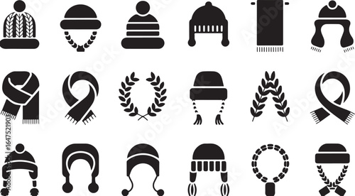 Winter Hats, Scarves, and Accessories Icons in Black and White
