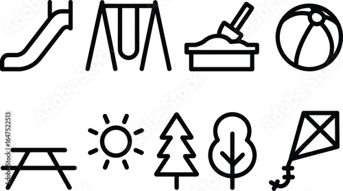 Playground Black Line Icons Slide, Swings, Sandbox, Beach Ball, Trees, Kite on White