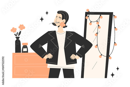 Young man dressing up in front of mirror before date LGBT self expression and fashion flat style illustration