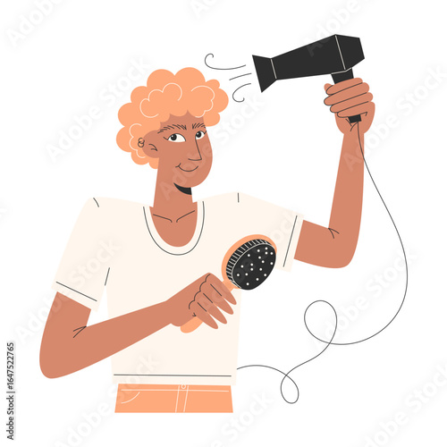 Young Black man drying curly afro hair with hairdryer in modern bathroom flat style illustration