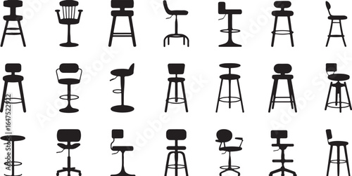 Bar Stool and Chair Icons in Black and White