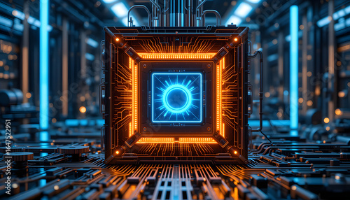 Futuristic Quantum Computer Core with Glowing Superconducting Circuits