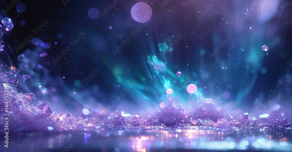 Fototapeta premium Abstract landscape. Glowing purple, blue hues dominate. Light streaks radiate from horizon, creating ethereal scene. Bubbles float within darkness.