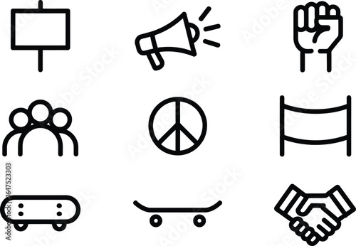 Protest Symbol Set Raised Fist, Megaphone, Peace Sign and Handshake Icons on White