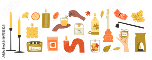 Large Autumn Fall Set of Decorative Modern Candles and Candle Holders in Flat Style for Cozy Home Decor Seasonal Celebration and Thanksgiving Interior Design Illustrations