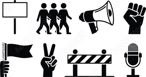 Protesting Icons Collection Solidarity, Flag, Peace Hand Sign, Megaphone and More