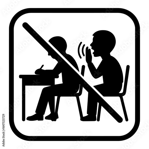 A vector icon depicting two students at a desk with a "no talking" symbol, signifying silence is required during an exam or test.