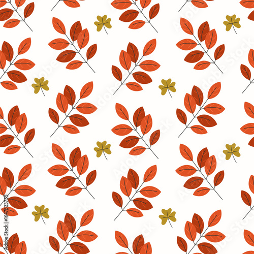 Seamless Autumn Red Cornus Cherry Branch Leaves Pattern Flat Style White Background