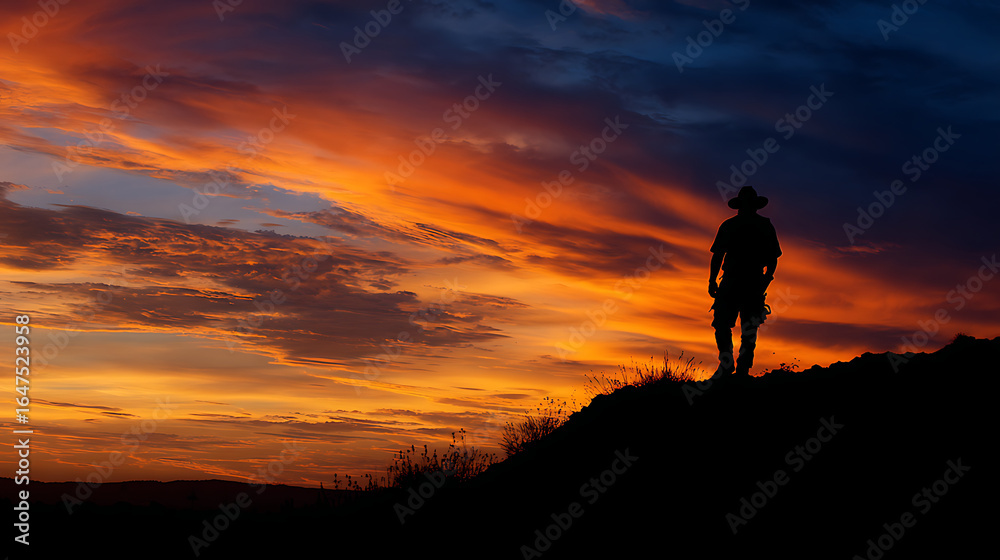 The silhouette of a lone miner against a stunning sunset, embodying the lone wolf spirit of the prospecting adventure (2) The silhouette of a lone miner against a stunning sunset, embodying the lone wolf spirit of the prospecting adventure (2)