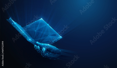 Low-Poly Open Book in Hand. Student flipping through paper pages made of wireframe mesh. Abstract vector illustration depicting reading and exploring literature. Education concept on blue background