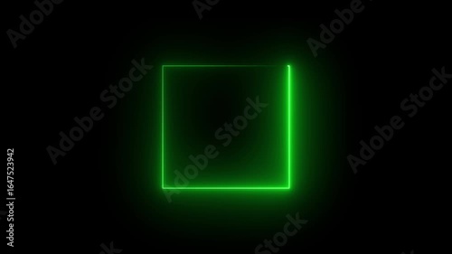 Glowing neon square frame animation. luminous banner animation. green  color neon box icon. Neon Figure On Black Background. 4k video...