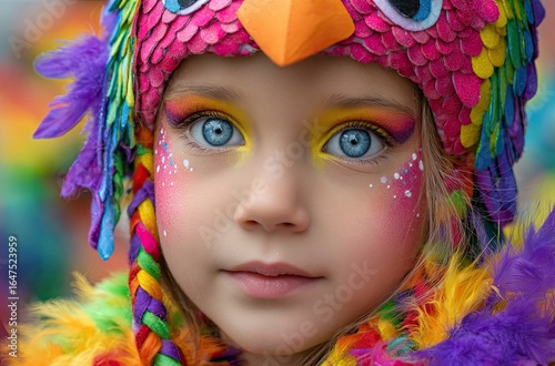 A child dressed as a bird in yellow, with colorful feathers and eyes painted on their face for a Carnival parade