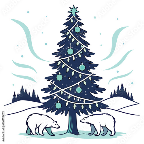 An Arctic tundra Christmas tree with aurora ornaments. This unique and magical design is perfect for winter-themed holiday projects that have a beautiful, specific, and northern theme.