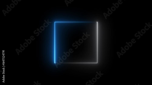 Glowing neon square frame animation. luminous banner animation. white and blue color neon box icon. Neon Figure On Black Background. 4k video...