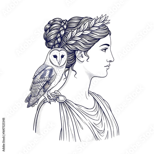 Goddess athena with owl illustration drawing