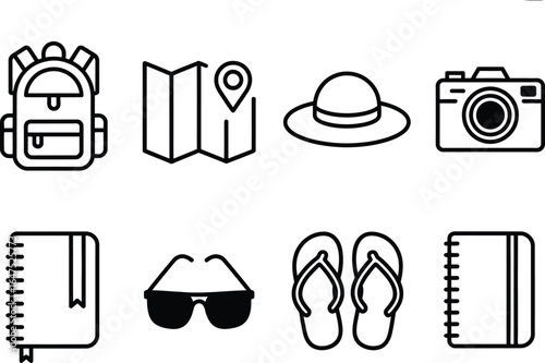 Travel Icons Set, Backpack, Map with Pin, Hat, Camera, Glasses, Flipflops, Notebook