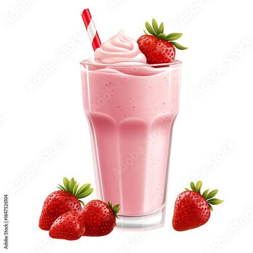 Closeup of pink milky splash and ripe fresh red strawberries isolated on white background. Pink liquid in motion, milky strawberry shake. Generative AI 3d render illustration imitation.