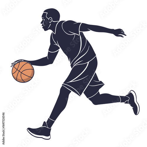 Dynamic silhouette of a basketball player dribbling and running