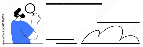 Man holding a magnifying glass in a clean line-art design. Abstract elements symbolize exploration, observation, curiosity, and learning. Ideal for research, discovery, investigation, analysis