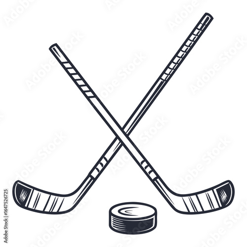 Two crossed hockey sticks and a puck in a vintage outline style