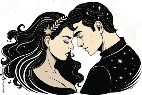 A couple holds hands as stars and flowers swirl around them