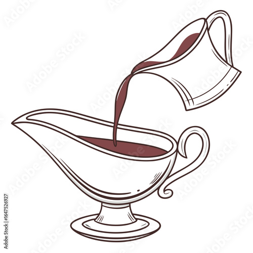 A gravy boat being filled with rich brown gravy from a small pitcher