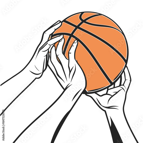 Two sets of hands gracefully holding and preparing to shoot an orange basketball