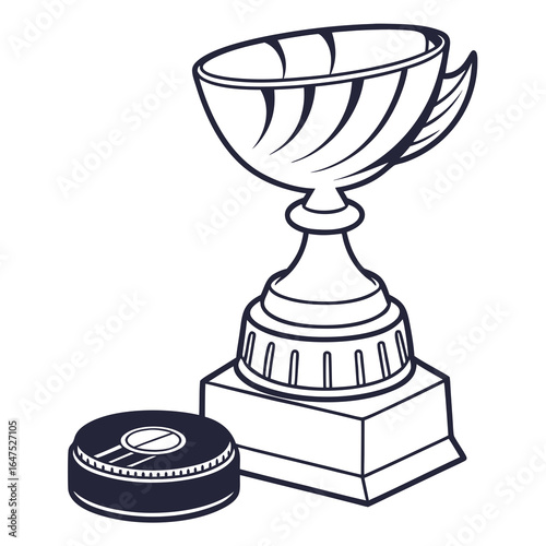 A stylized outline of a hockey trophy and puck representing sports victory and achievement