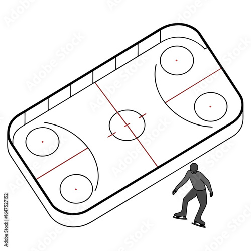 Simple isometric illustration of an ice hockey rink with a single skater
