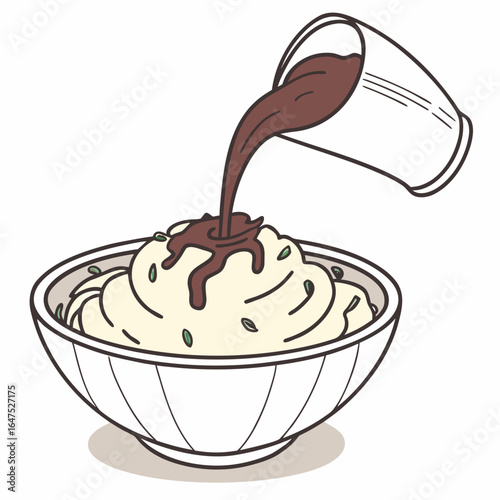 A bowl of mashed potatoes with gravy being poured on top with green specks