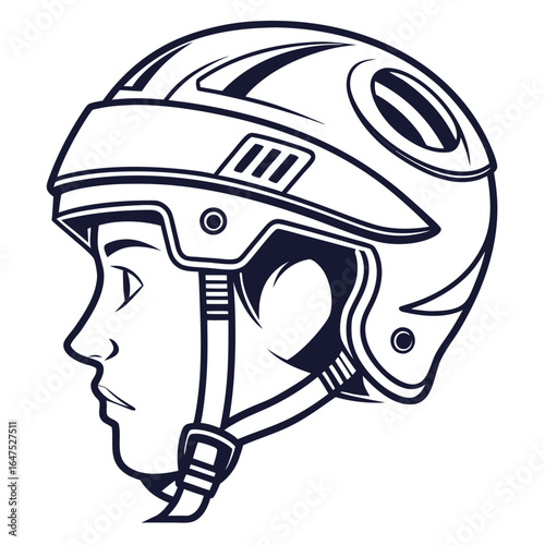Profile view of a person wearing a protective helmet with a visor and chin strap