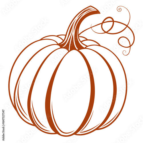 Elegant brown outline of a pumpkin with swirling vines and a detailed stem