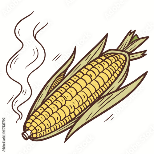A deliciously drawn ear of corn with wisps of steam rising