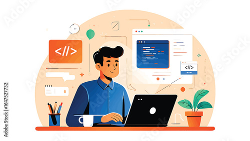 Online education concept with diverse students attending a virtual class or webinar via a large computer screen. Flat vector illustration.